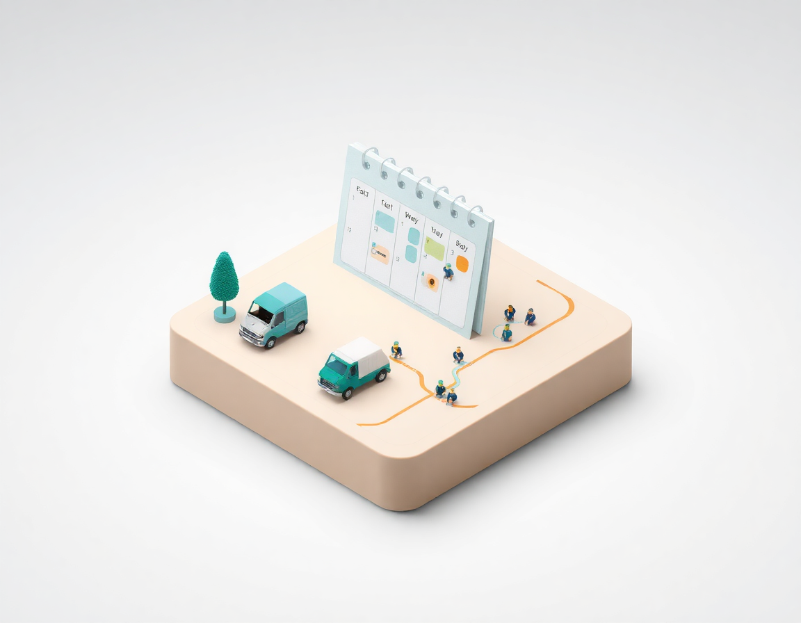 Planning calendrier isométrique avec camions miniatures et tournées tracées