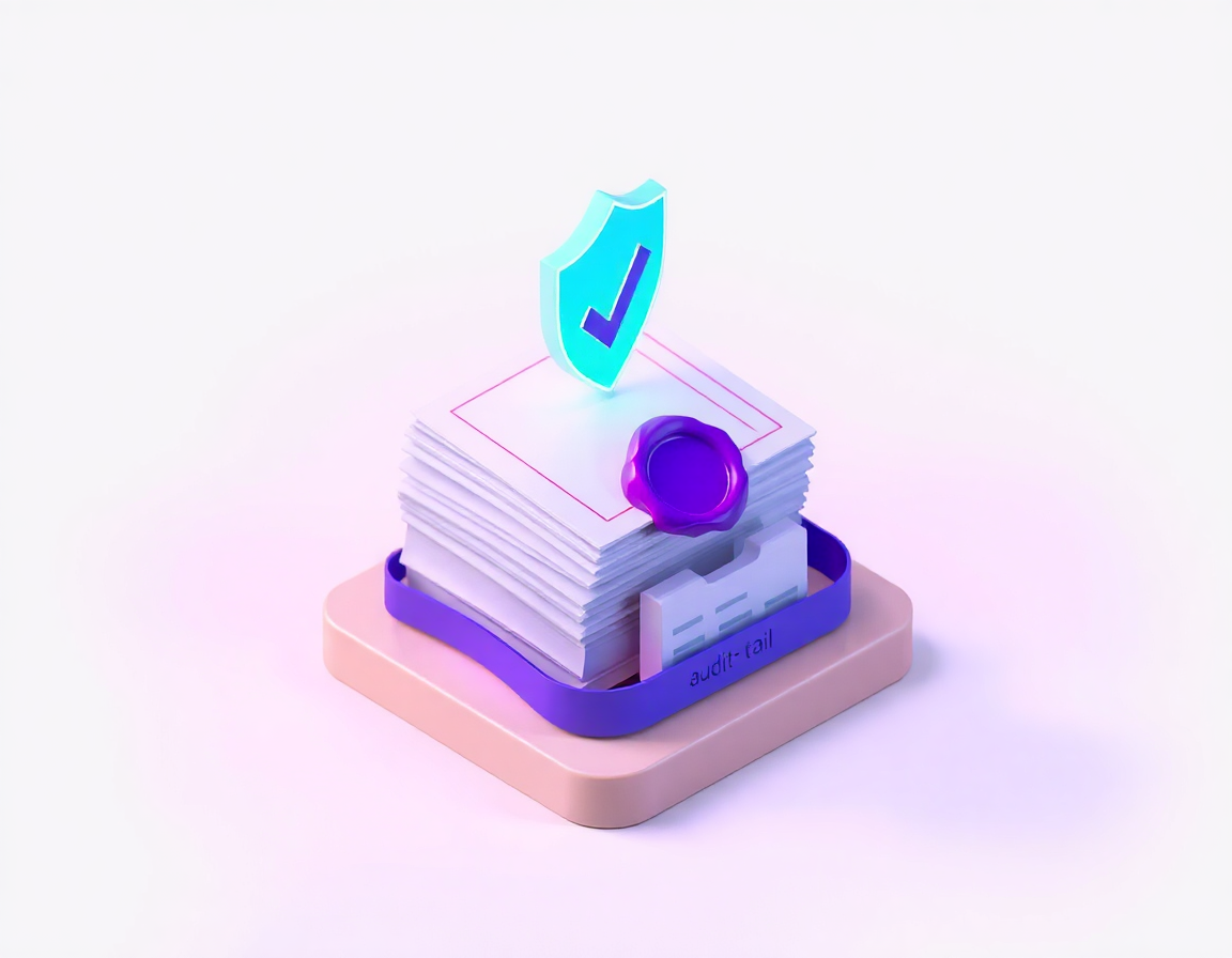 Pile de documents isométriques avec sceau violet et bouclier validé