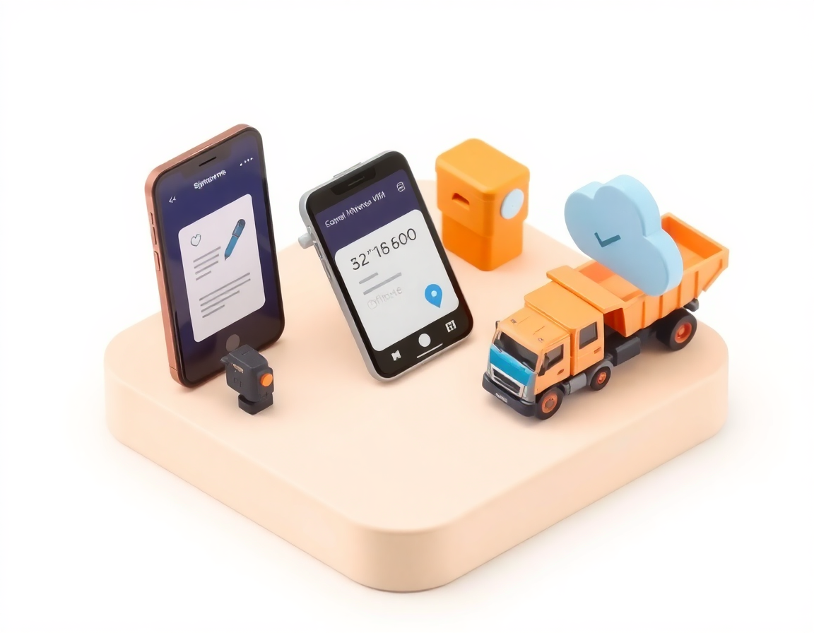 Smartphones isométriques avec signature et photo GPS, camion benne miniature