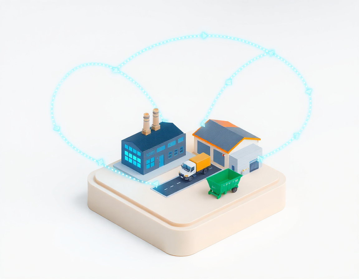 Trois bâtiments isométriques (usine, camion, entrepôt) reliés par des liens lumineux