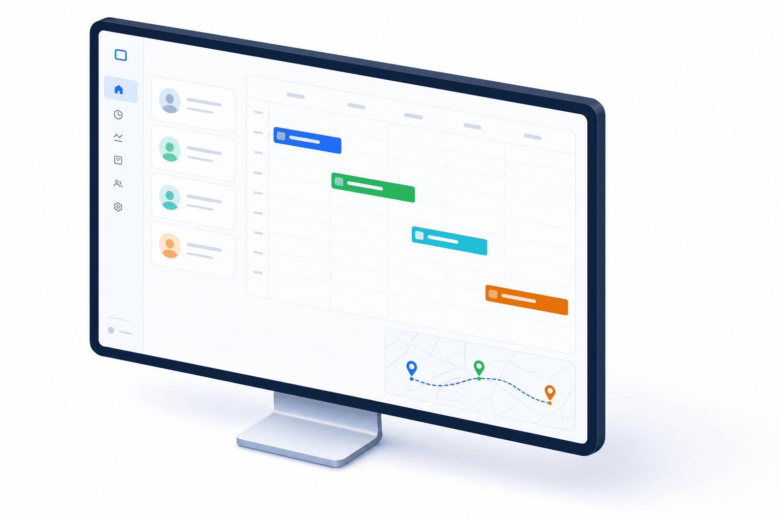 Illustration isometrique d'une interface de planification de tournees avec calendrier hebdomadaire, blocs colores d'evenements, liste de chauffeurs et apercu d'itineraire cartographique.