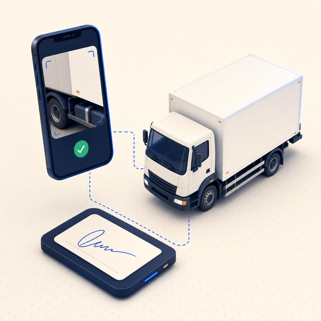 Illustration isométrique 3D : smartphone capturant une preuve photo, camion blanc et pad de signature reliés par des lignes bleues